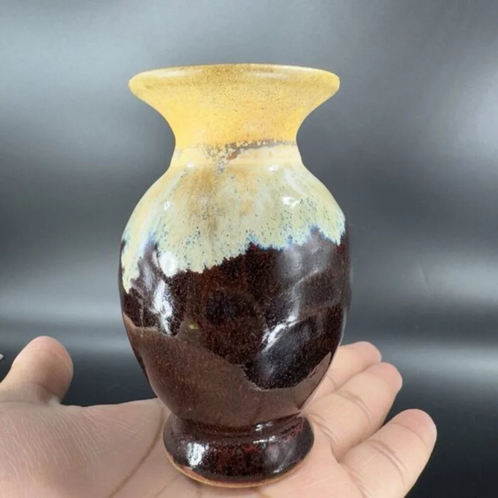 Allan Ditton Vase Studio Art Pottery Stoneware Brown Drip Glaze‎ Bud Vase 2010